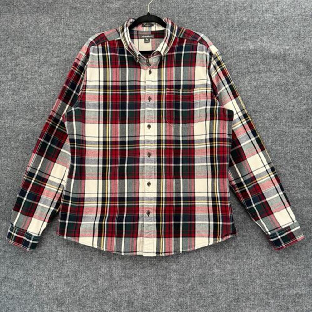 Eddie Bauer Flannel Button Up Shirt Mens XL White Red Tartan Plaid Classic Fit